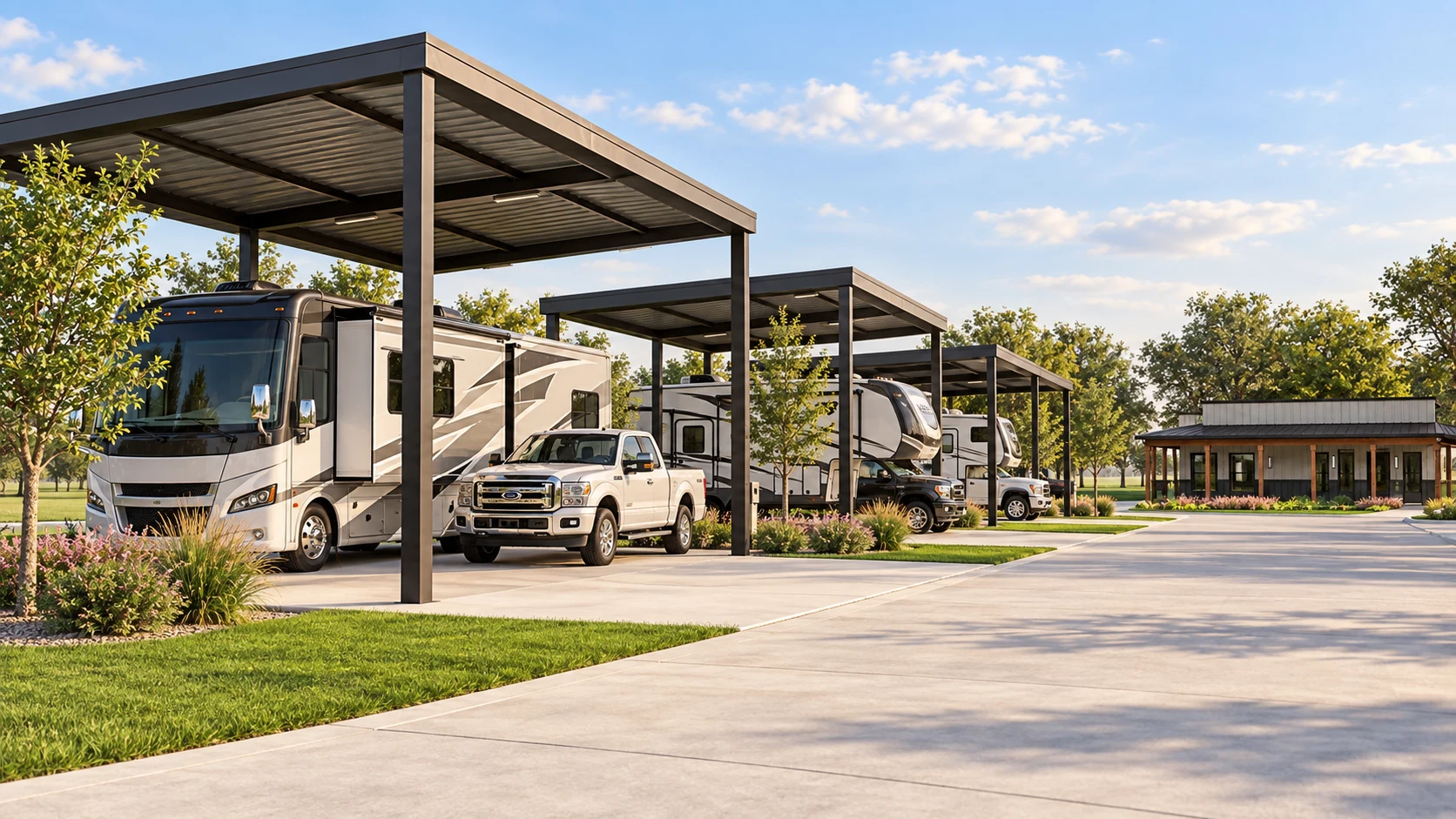 Concept rendering of tall open-sided metal canopies over RV sites